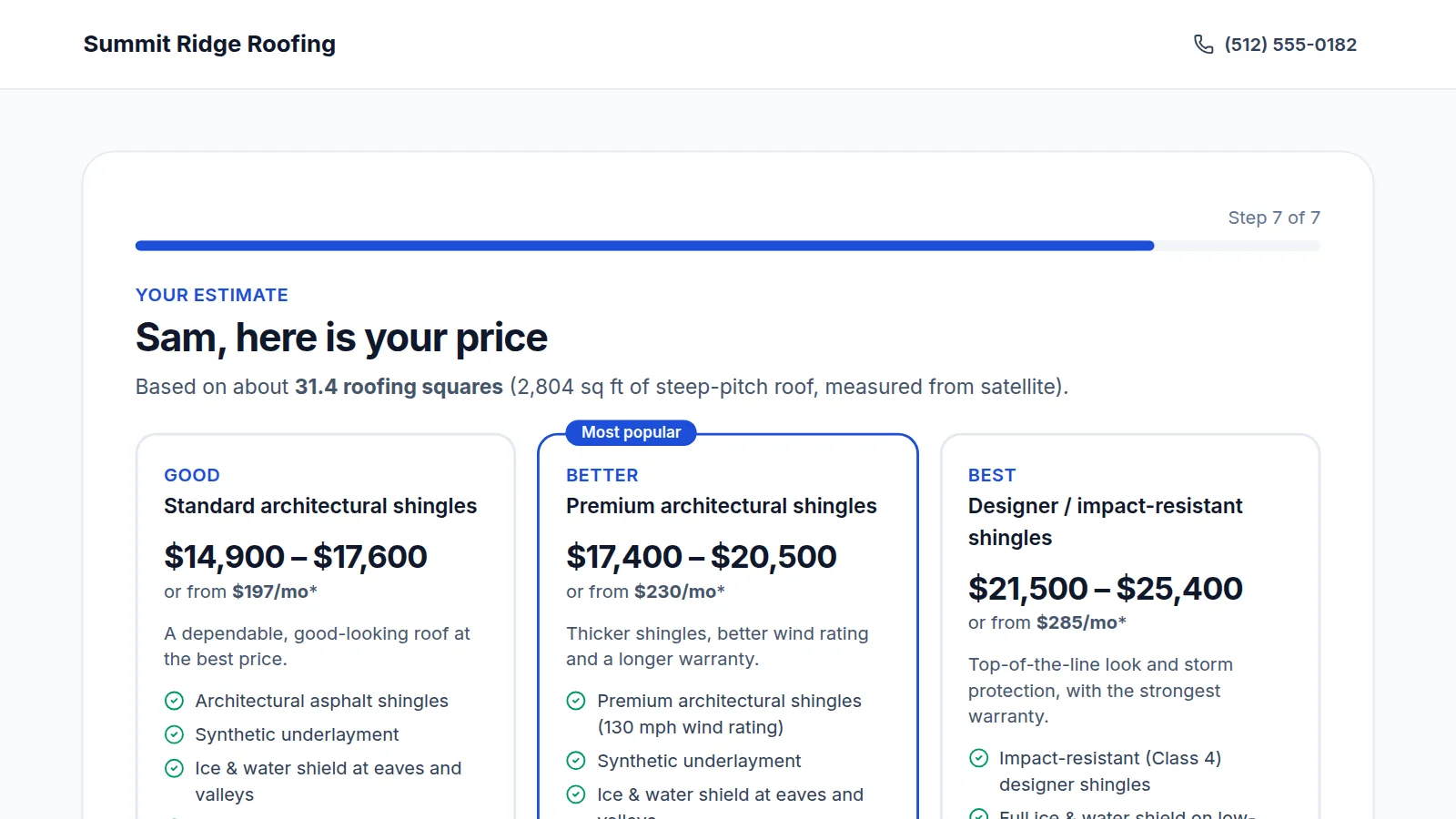 A homeowner seeing Good, Better and Best roof price ranges in the My Roof CRM Instant Quote tool