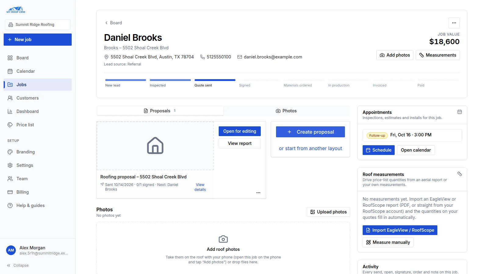 A roofing job in My Roof CRM with proposals, appointments and roof measurements